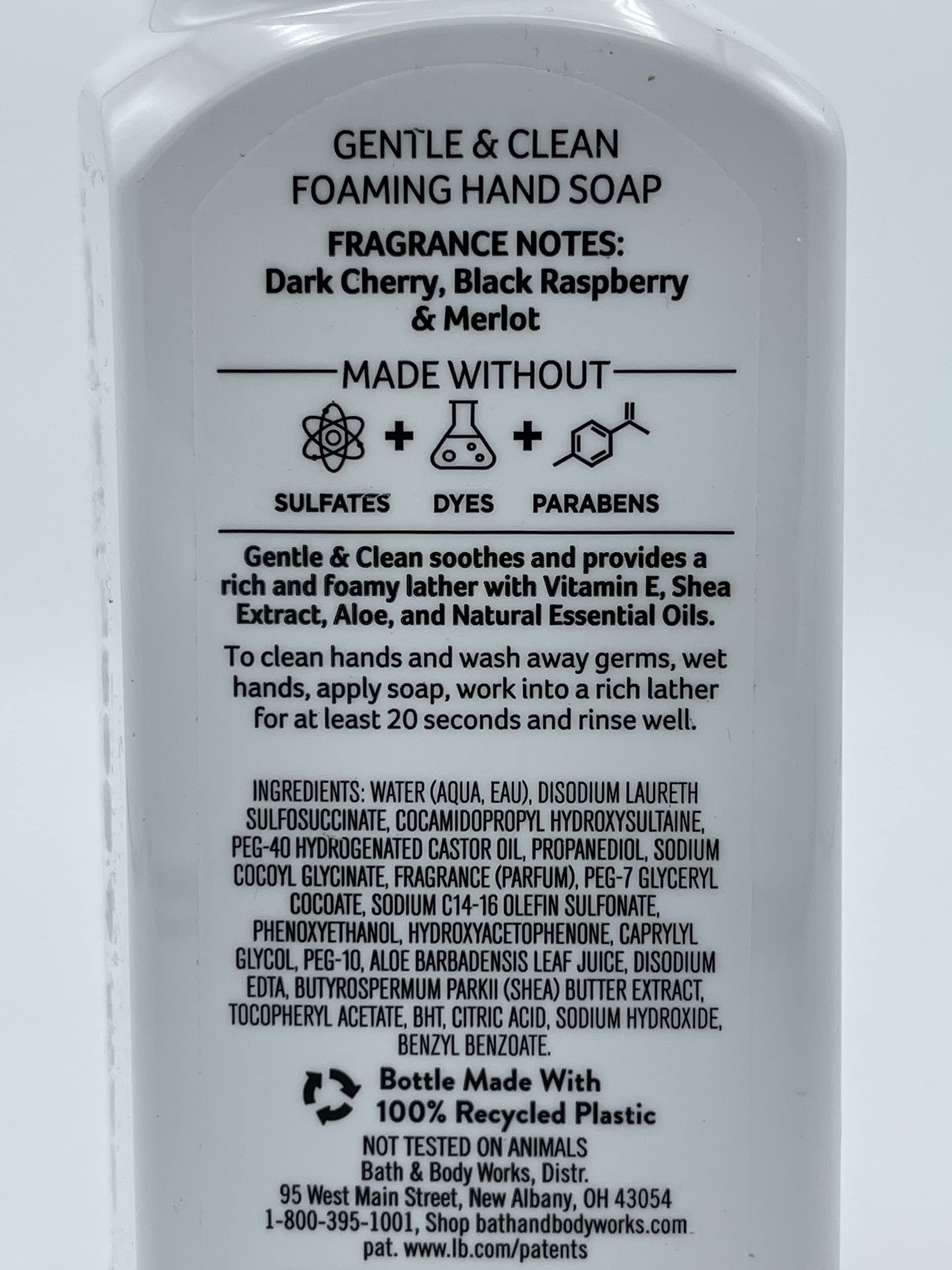 Bath & Body Works Gentle Foaming Hand Soap Black Cherry Merlot label close-up highlights fruity scent and skin-softening benefits.