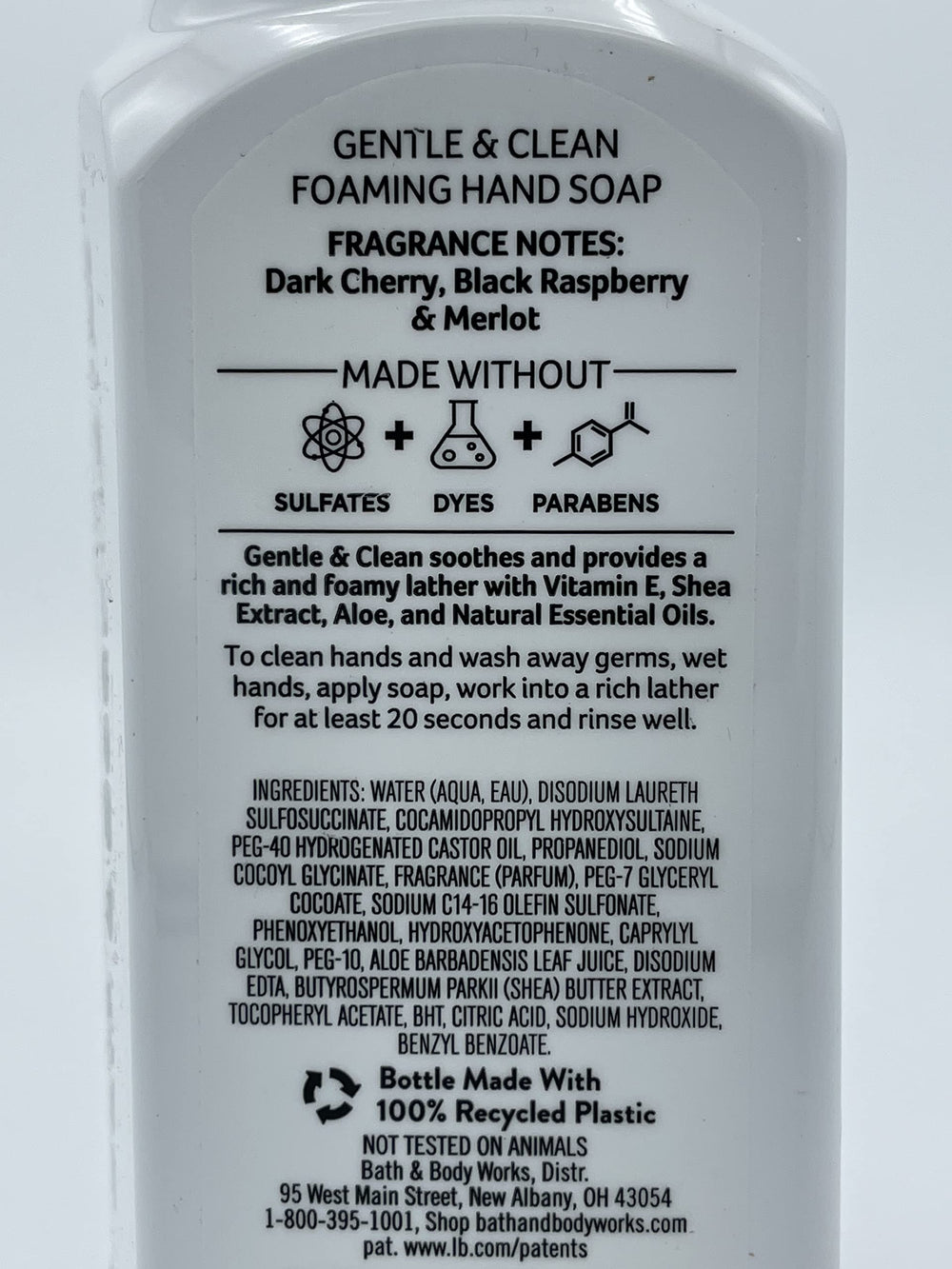 Bath & Body Works Gentle Foaming Hand Soap Black Cherry Merlot label close-up highlights fruity scent and skin-softening benefits.