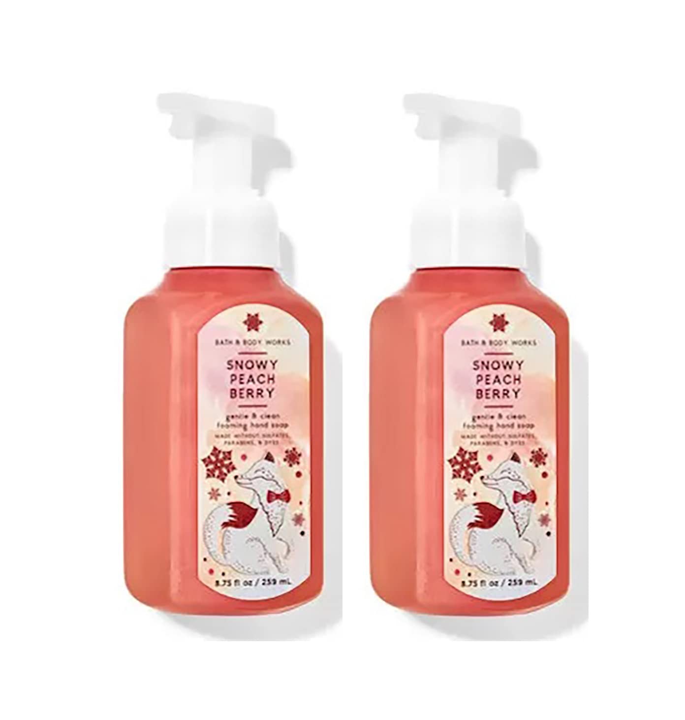 Bath and Body Works Gentle Foaming Hand Soap Snowy Peach Berry bottle delivers gentle cleansing and soothing scent.