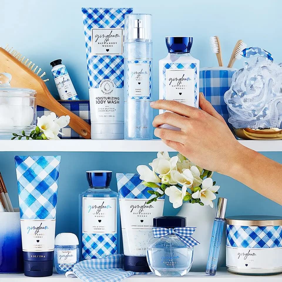 Bath and Body Works Gingham body cream two tubes close-up, creamy texture for smooth skin.