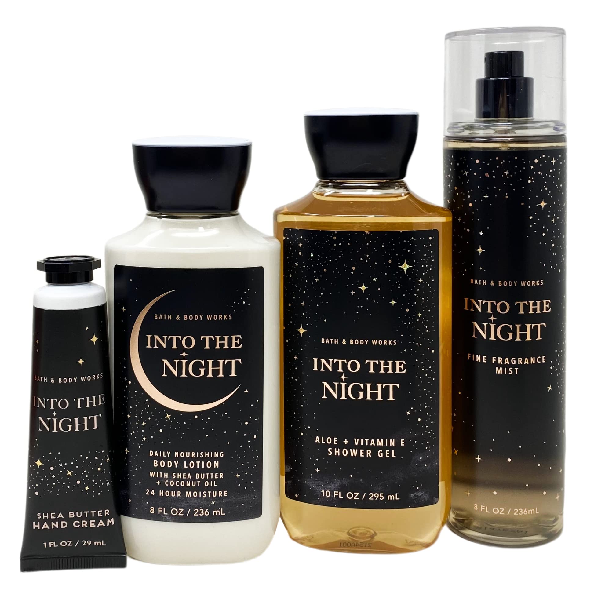 Bath & Body Works Into The Night gift bag components inside with lotion, gel, mist, and hand cream