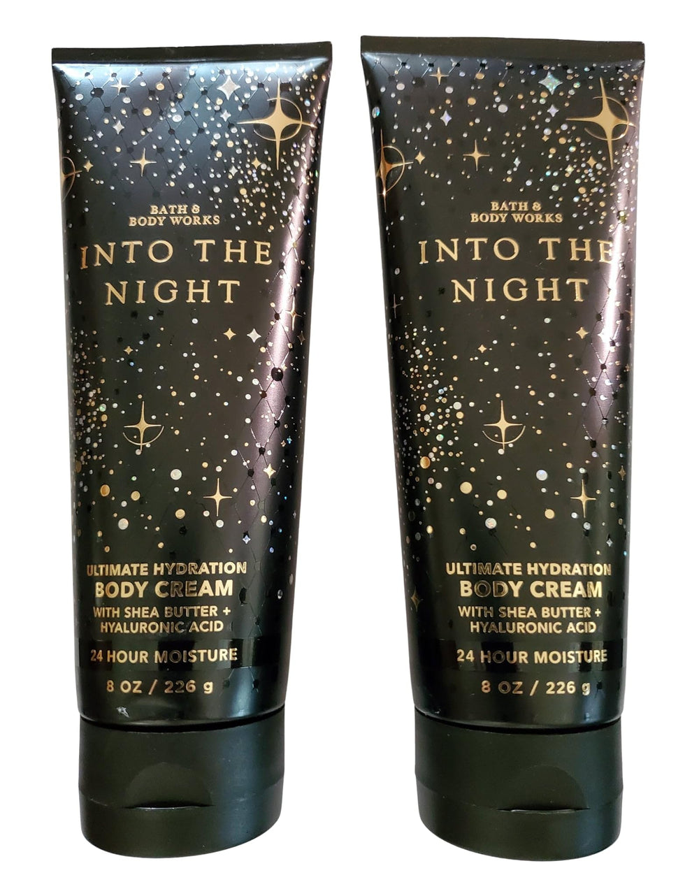 Bath & Body Works Into the Night bottle closeup showing hydrating formula for daily use.