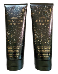 Bath & Body Works Into the Night bottle closeup showing hydrating formula for daily use.