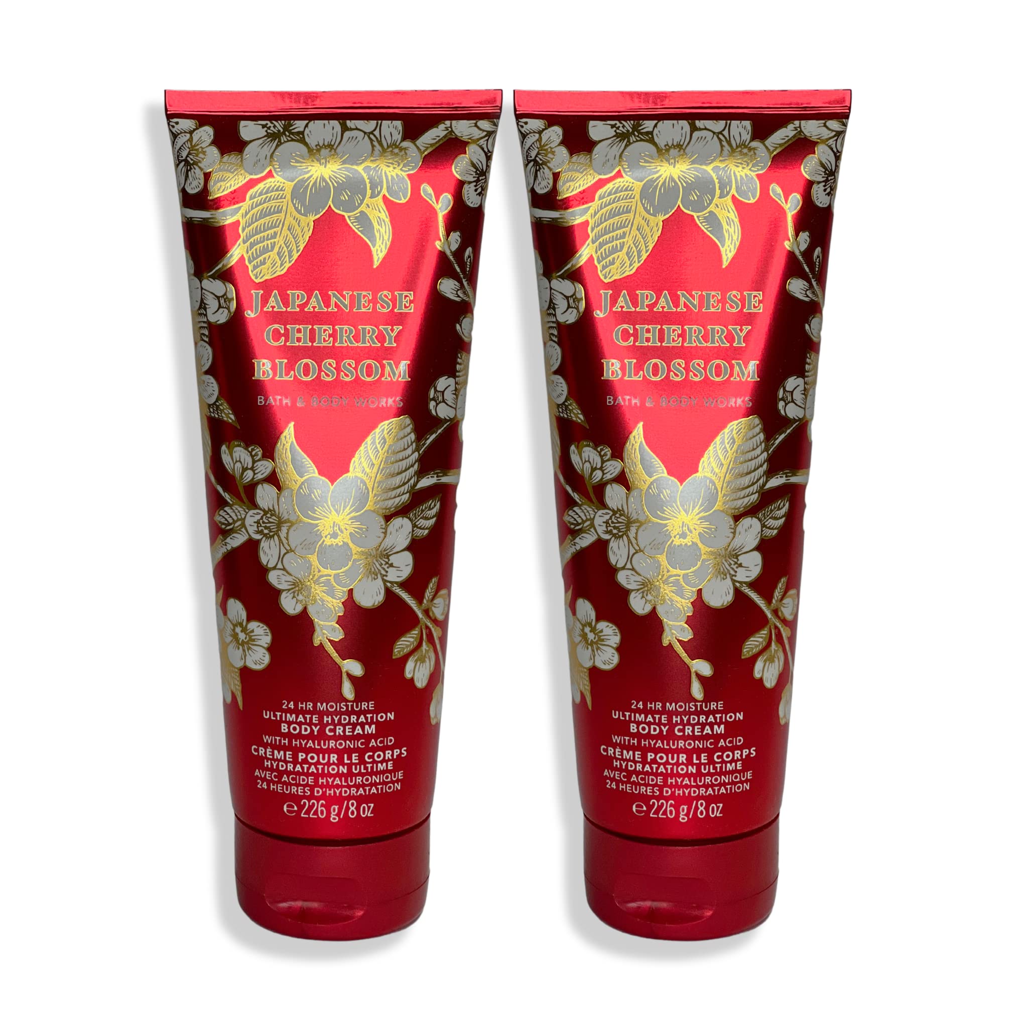 Bath & Body Works Japanese Cherry Blossom body cream packaging shows two 8 oz tubes for hydration.