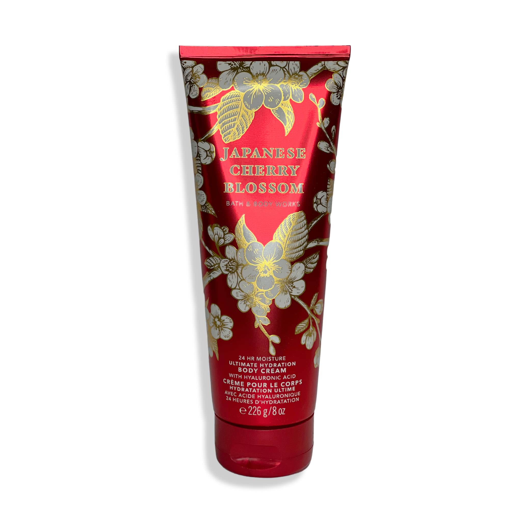 Bath & Body Works Japanese Cherry Blossom label close-up highlighting moisturizing texture.
