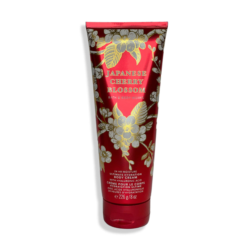Bath & Body Works Japanese Cherry Blossom label close-up highlighting moisturizing texture.