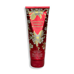 Bath & Body Works Japanese Cherry Blossom label close-up highlighting moisturizing texture.