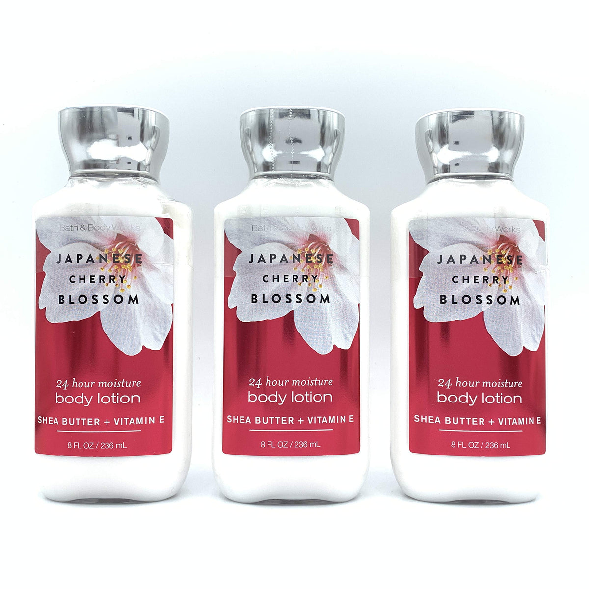 Bath and Body Works Japanese Cherry Blossom lotion set bottles showcase silky texture and floral scent.