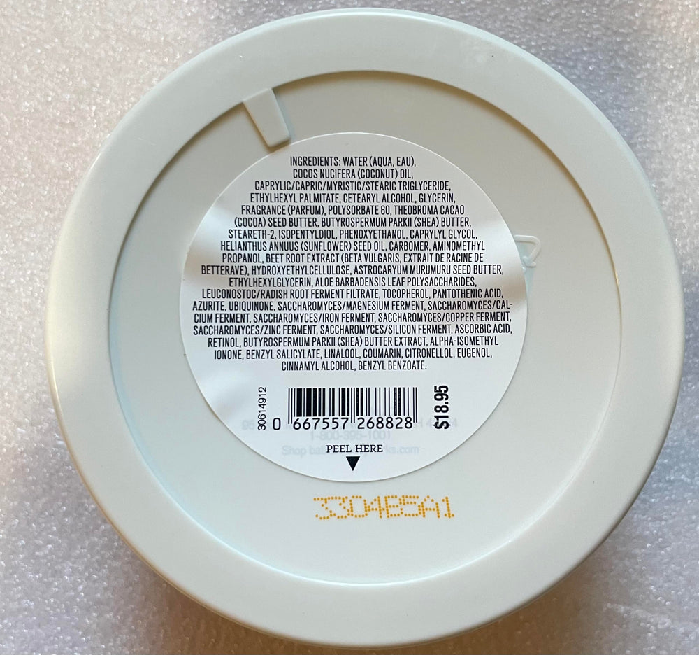Bath and Body Works Japanese Cherry Blossom Ultra Shea Butter label closeup highlighting hydration benefit