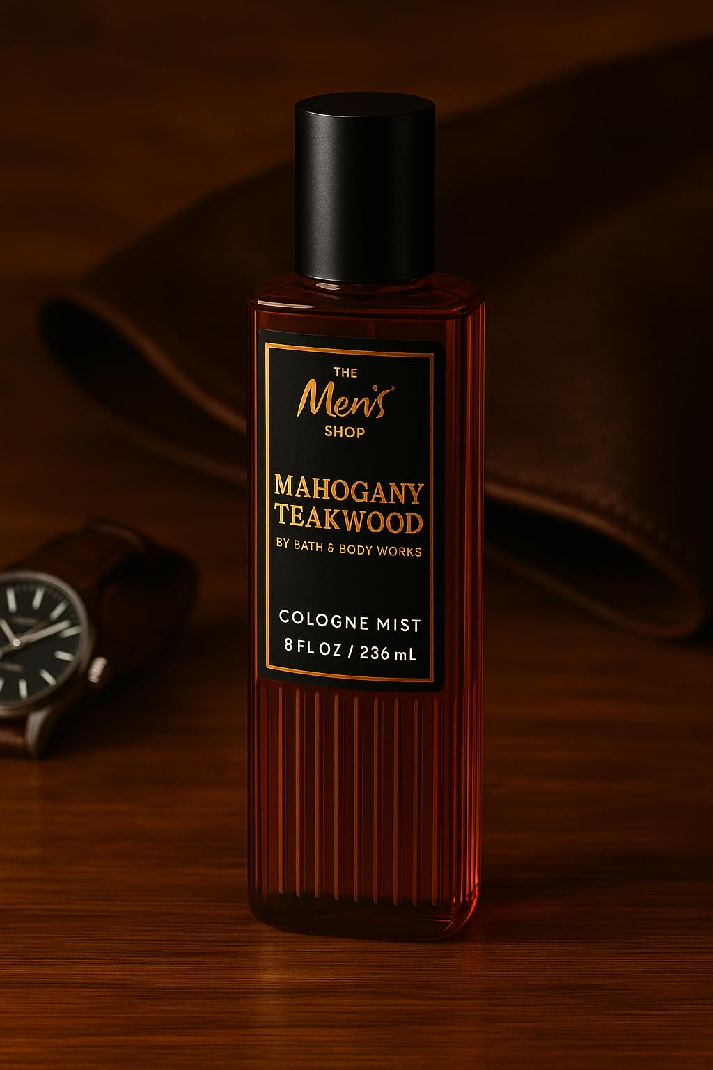 Bath & Body Works Mahogany Teakwood Cologne Mist spray closeup highlights lavender notes for a fresh, clean scent.