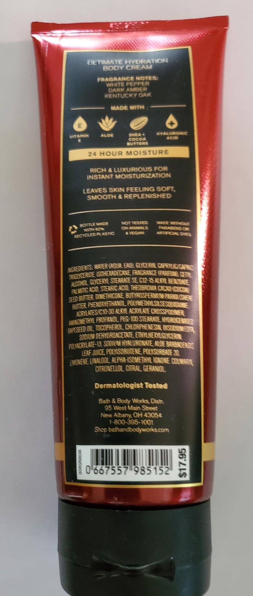 Bath & Body Works Men's Bourbon Ultimate Hydration label close-up, showcasing the fragrance notes for a masculine routine