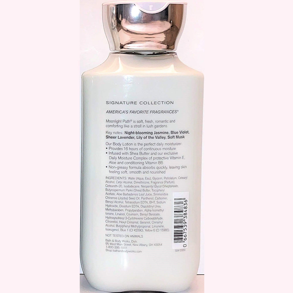 Moonlight Path lotion label artwork shows seasonal design and floral notes for a mood-boosting routine