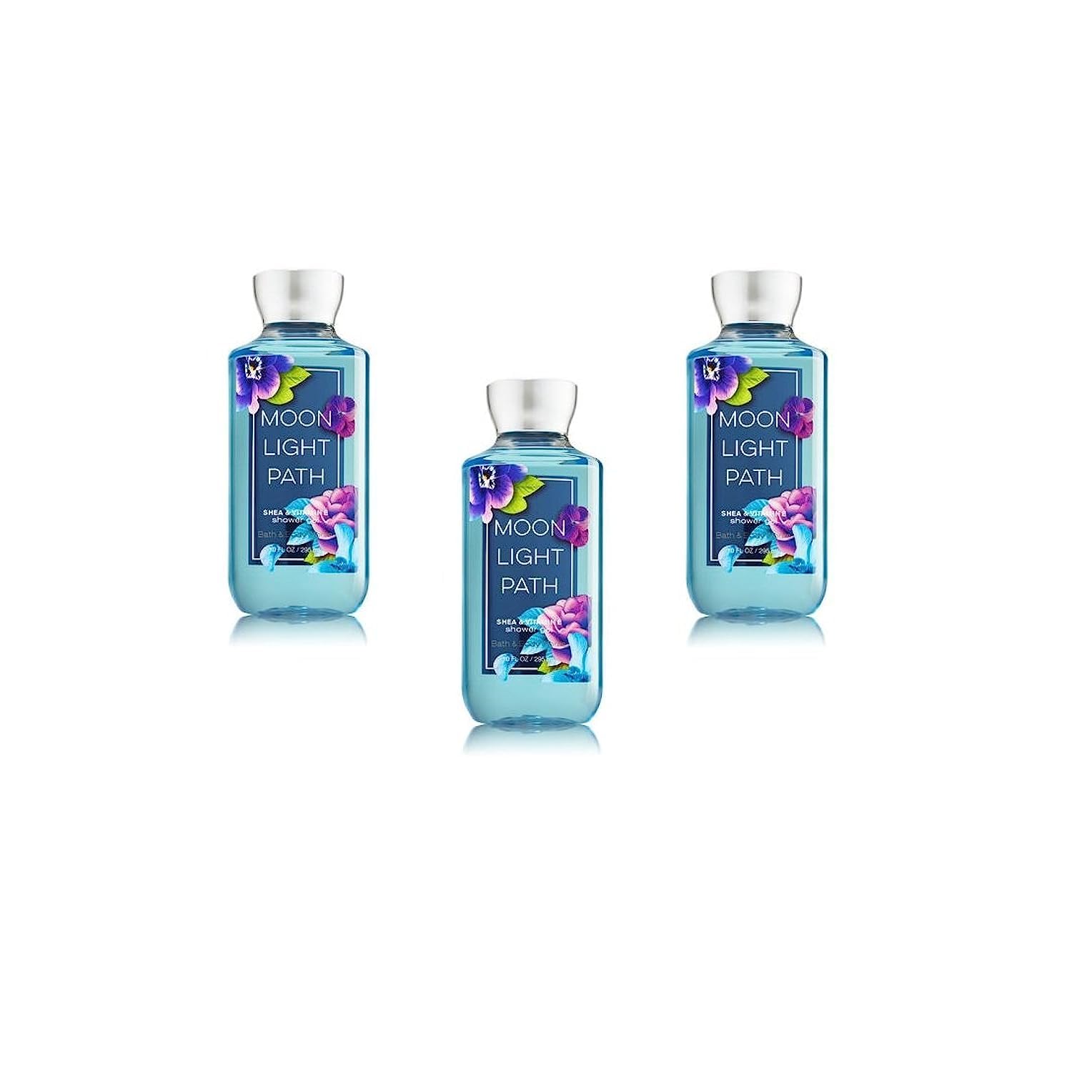 Bath & Body Works Moonlight Path Shower Gel 3-pack bottle display, rich lather for daily cleansing.