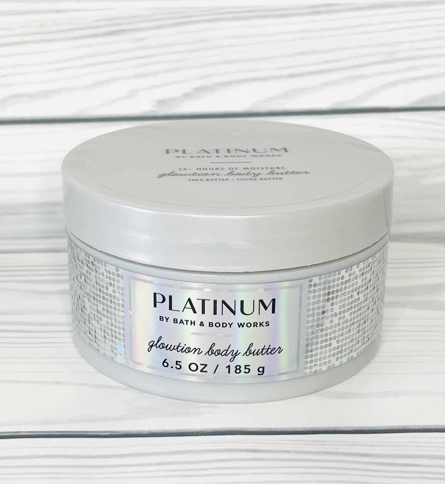 Bath & Body Works Platinum Whipped Body Butter texture closeup — velvety whipped consistency and luxurious feel.