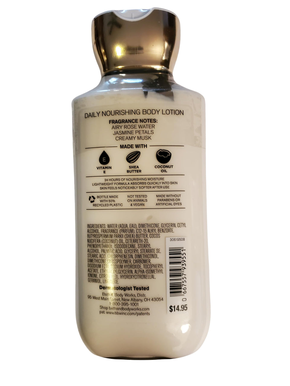 Bath & Body Works Rose lotion close-up emphasizes Vitamin E and Shea Butter for nourished skin.