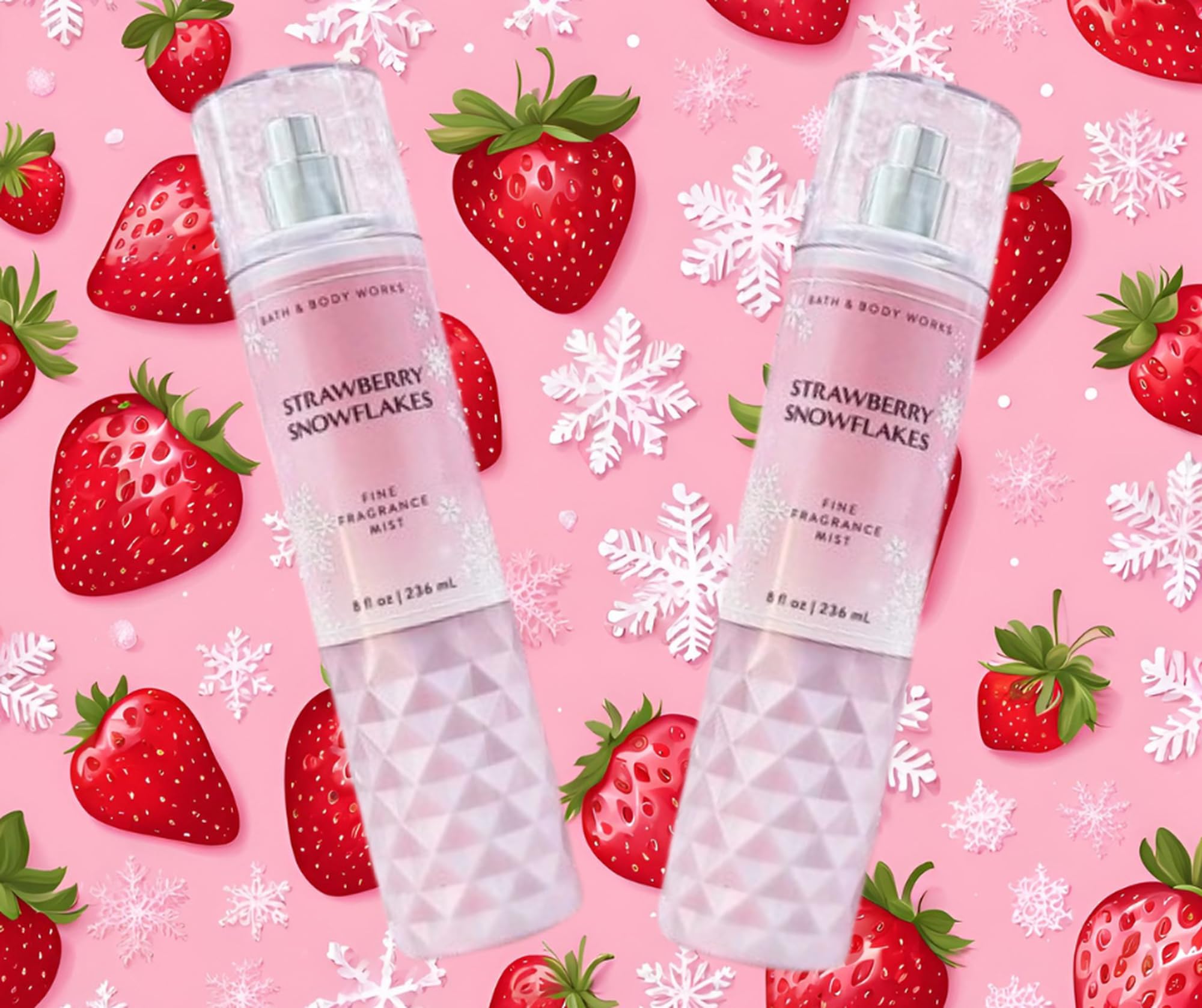 Bath & Body Works Strawberry Snowflakes bottle close-up highlighting its label