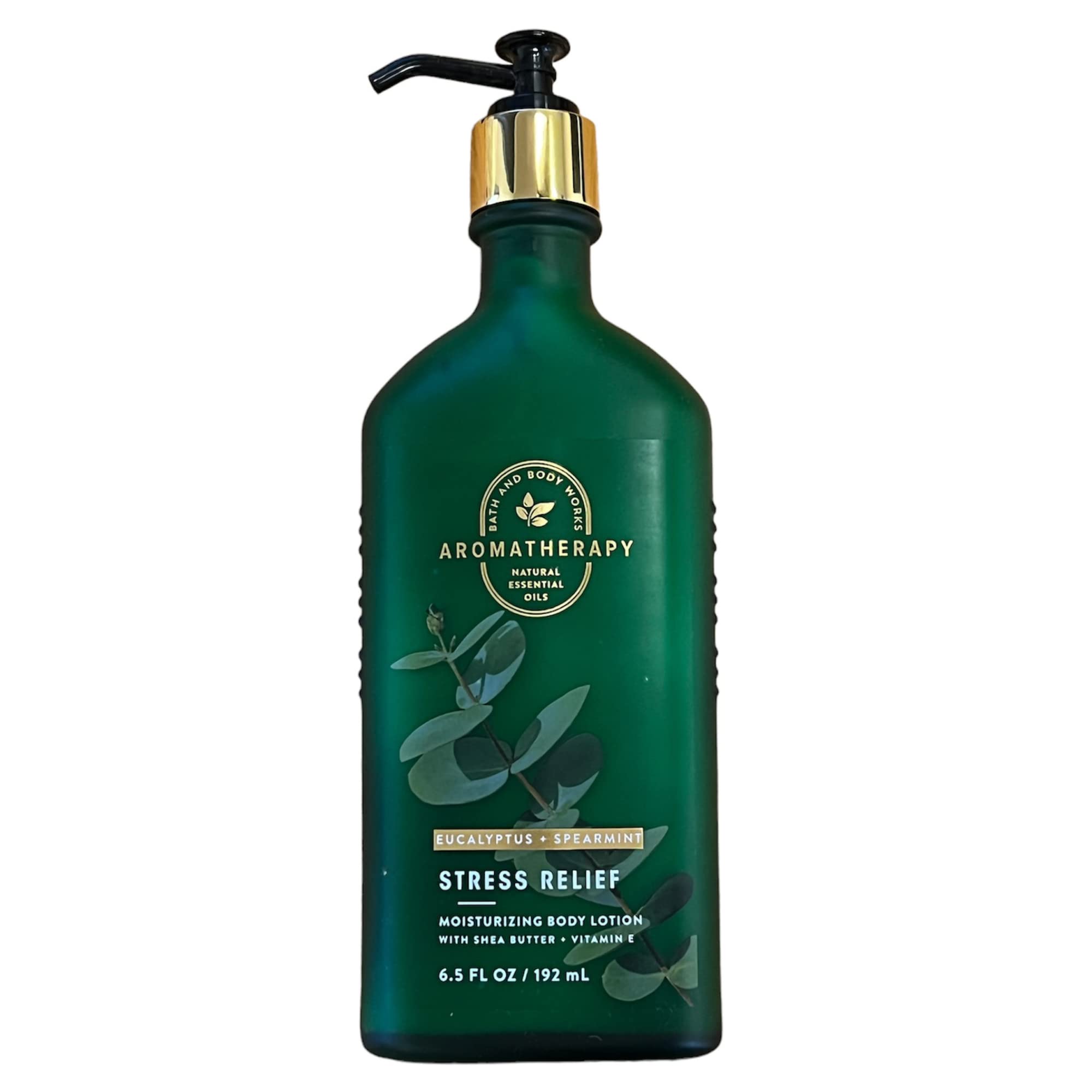 Lotion bottle close-up showing shea butter and vitamin E in Stress Relief formula