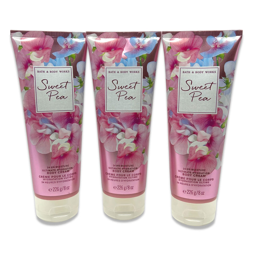 Bath & Body Works Sweet Pea three-pack outer packaging for convenient hydration.
