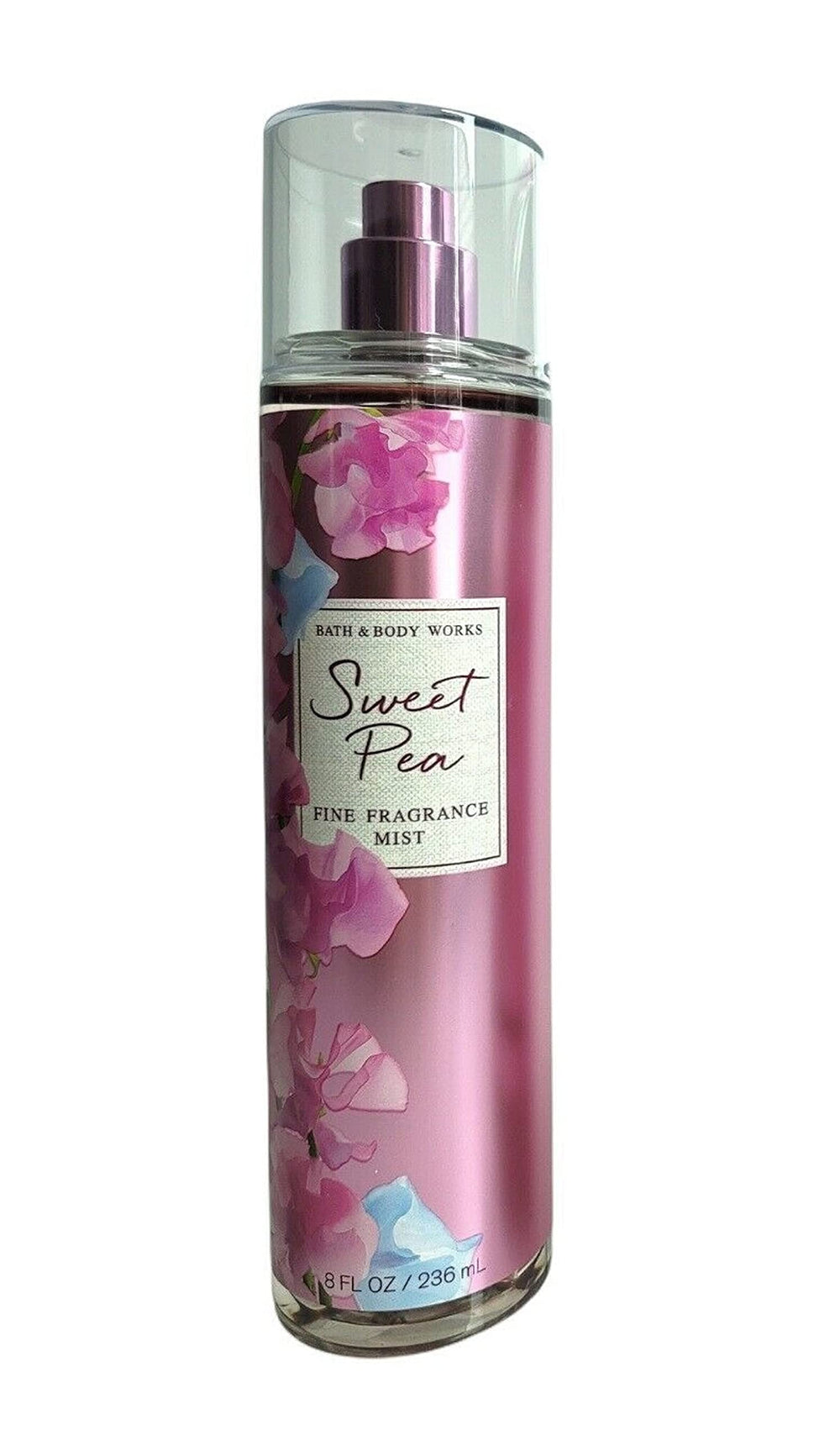 Bath and Body Works Sweet Pea fragrance mist spray 8 oz displayed for easy application.