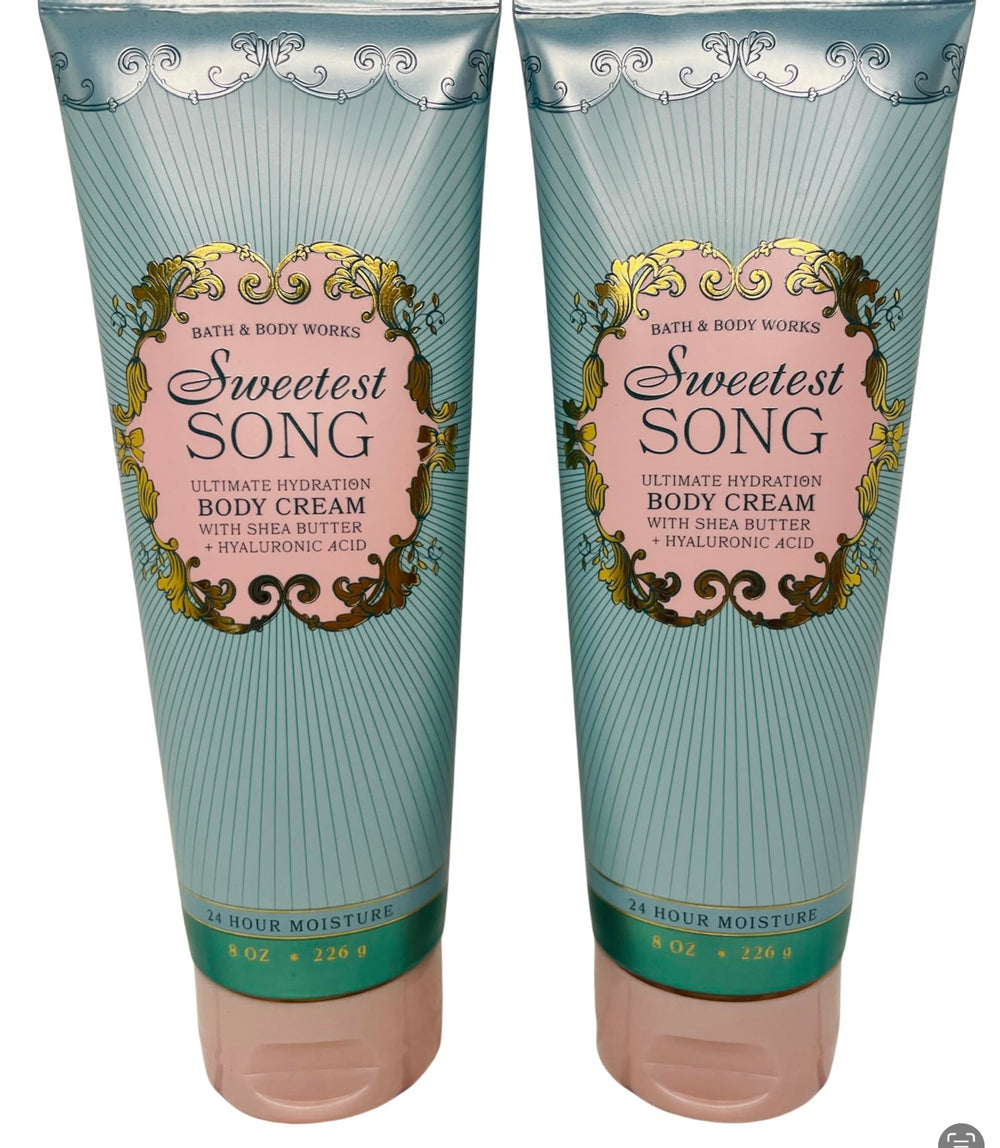 Bath & Body Works Sweetest Song pack front view showing two 8-ounce tubes for long-lasting hydration.