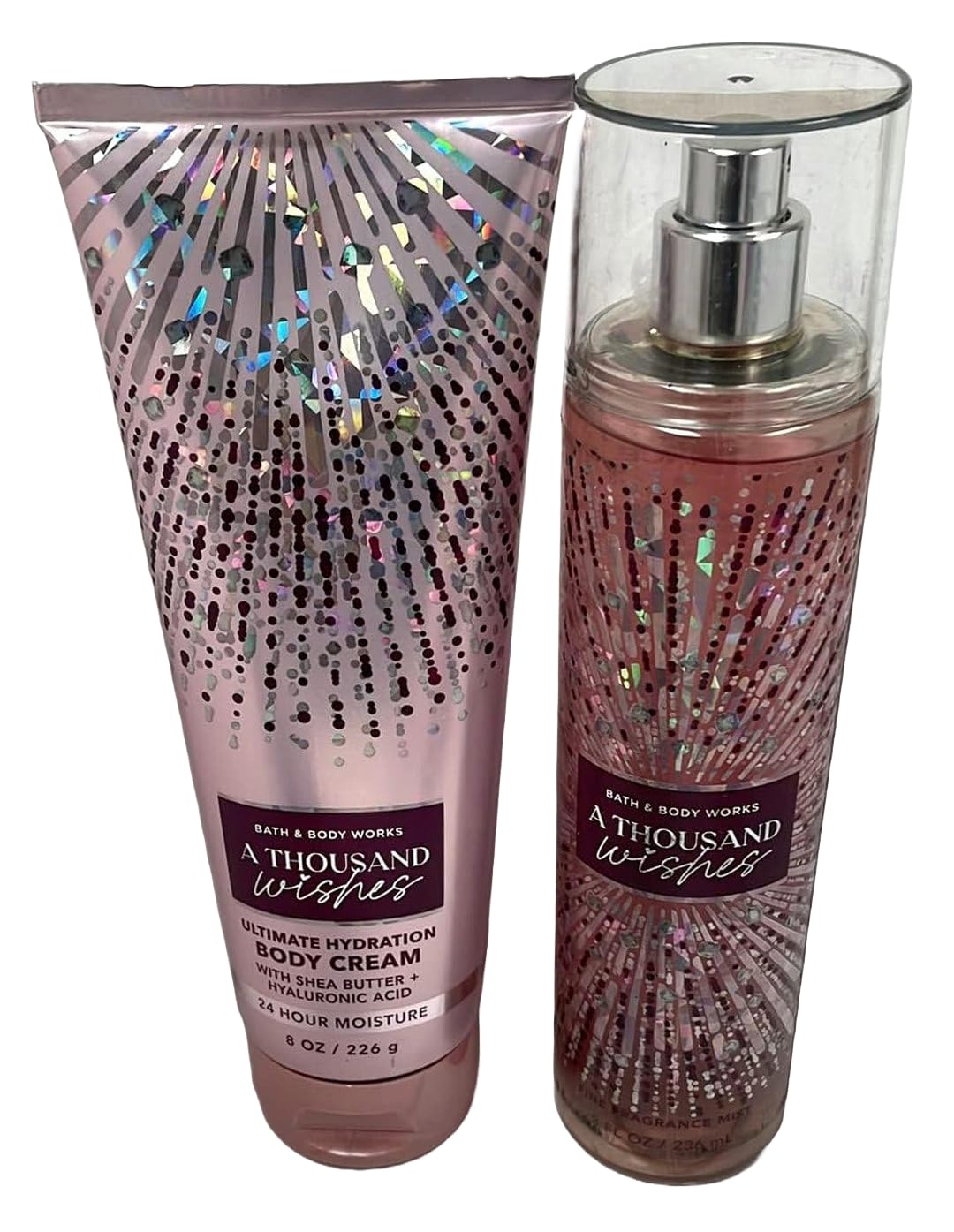 Bath & Body Works Thousand Wishes holographic pink packaging display for gifting.