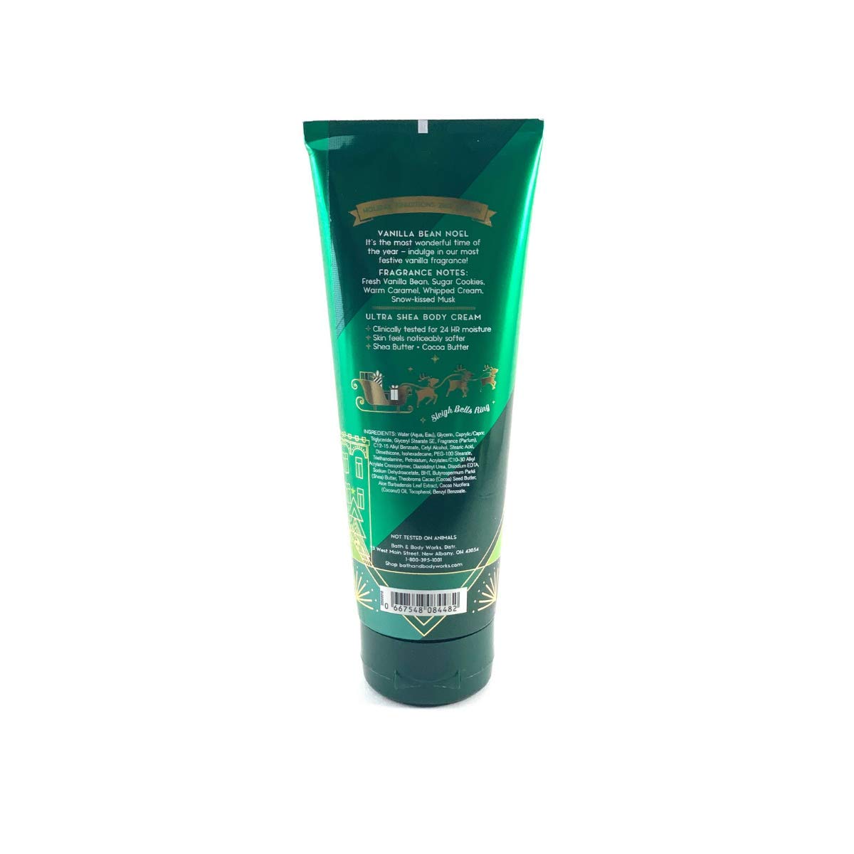 Bath & Body Works Vanilla Bean Noel 8oz Ultra Shea Cream tube back shows ingredients and scent notes