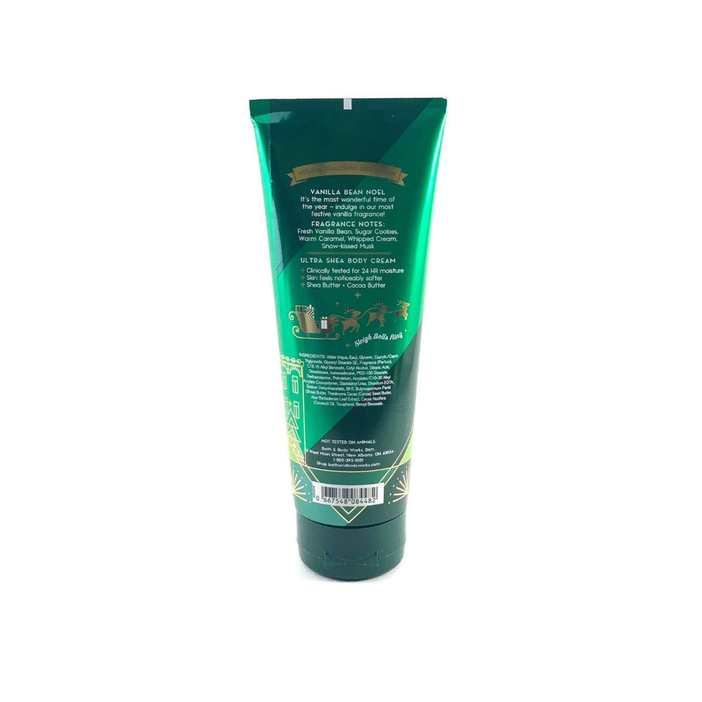 Bath & Body Works Vanilla Bean Noel 8oz Ultra Shea Cream tube back shows ingredients and scent notes