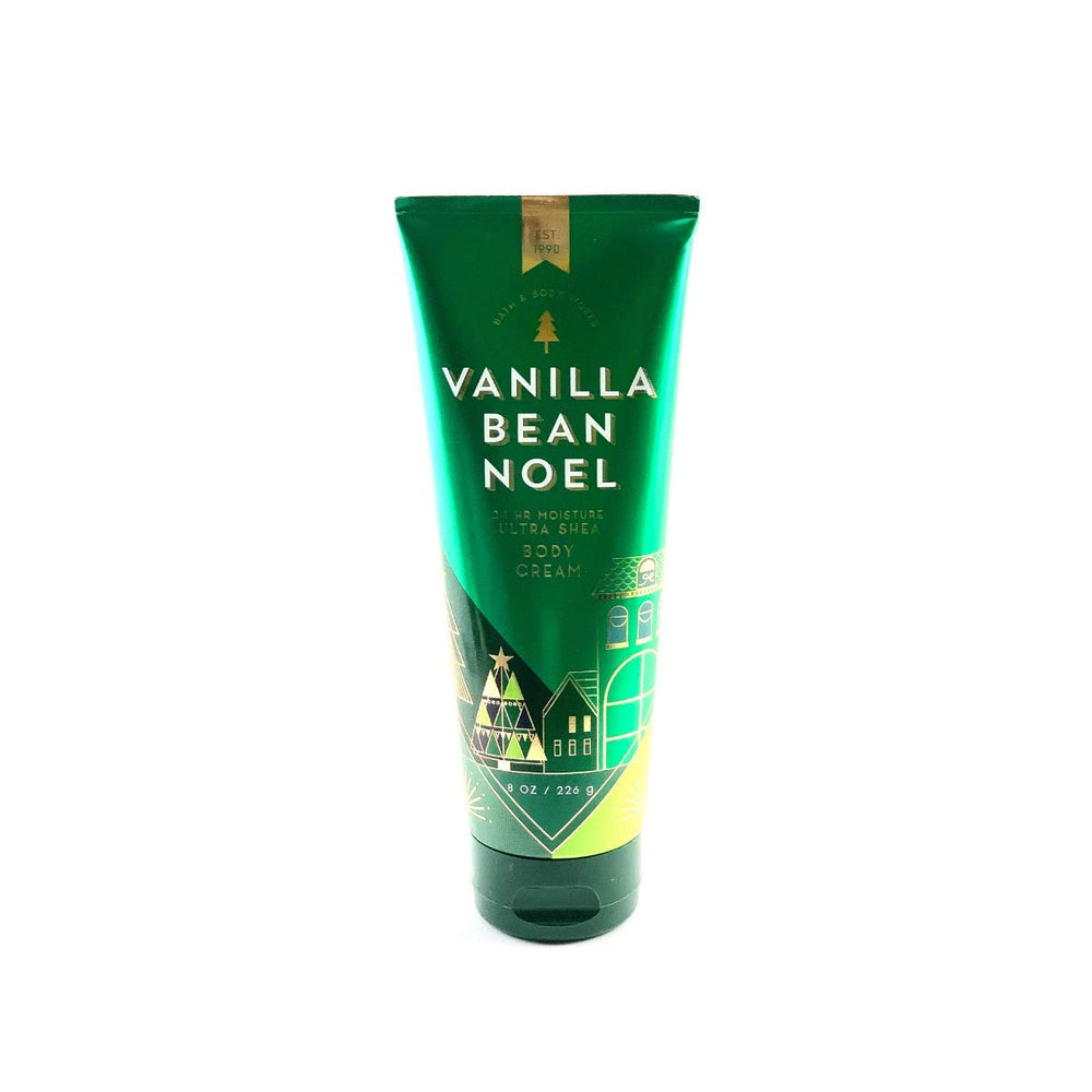 Bath & Body Works Vanilla Bean Noel 8oz Ultra Shea Cream tube front view demonstrates hydrating skin prep