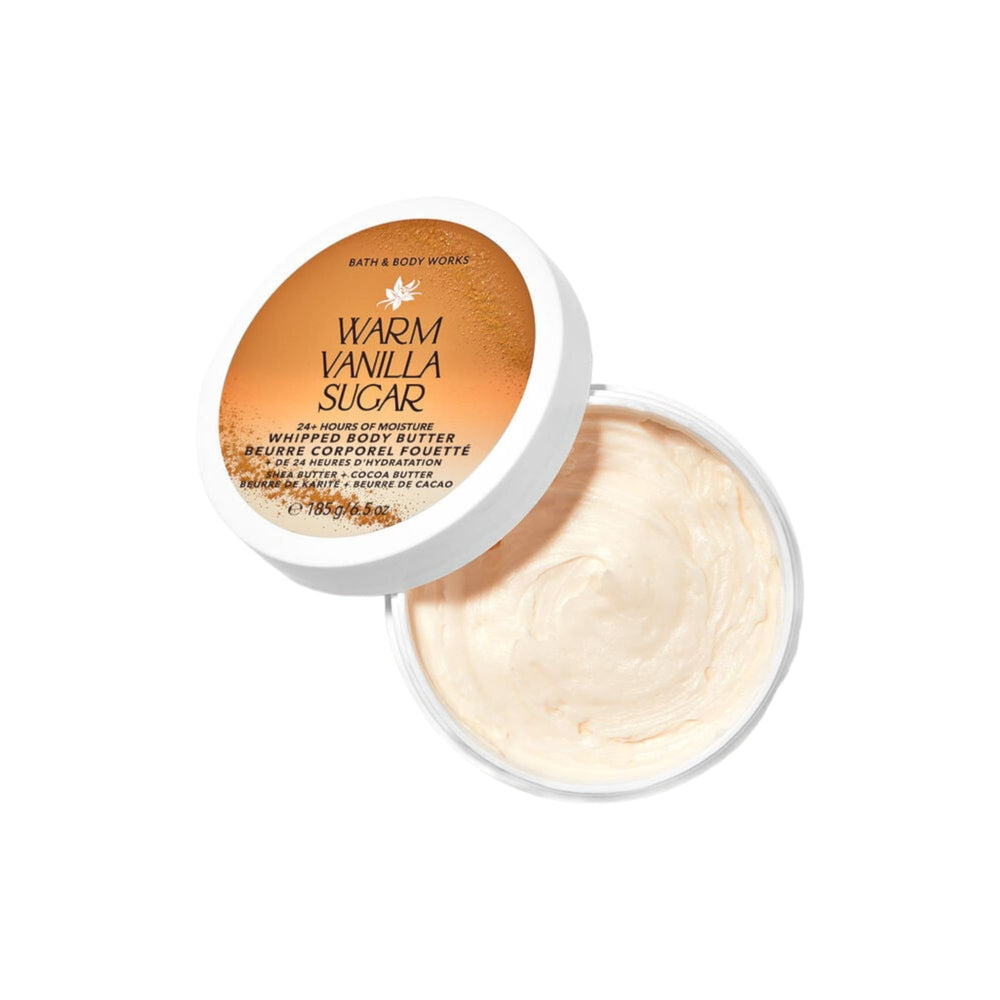Bath & Body Works Warm Vanilla Sugar body butter glow-shimmer close-up on skin, highlighting subtle gleam