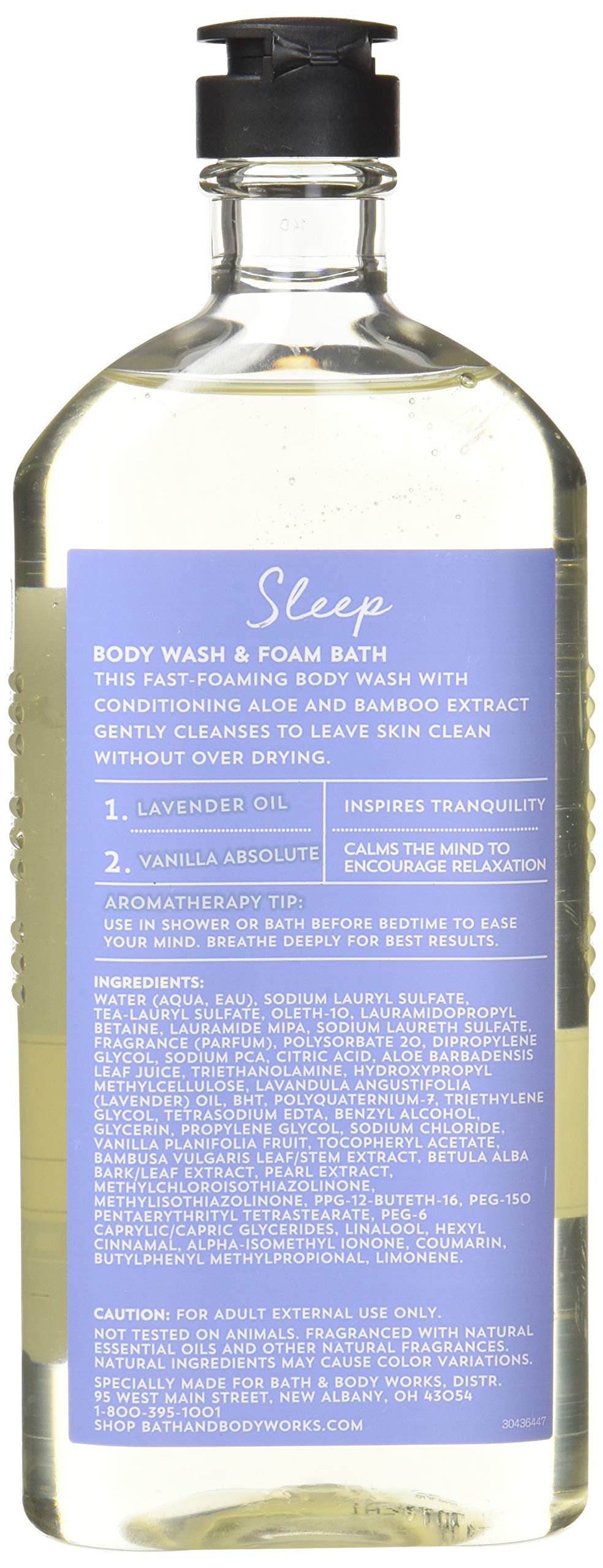 Bath & Body Works Aromatherapy Sleep foam bath bottle demonstrates rich lather for a quick, relaxing wash.