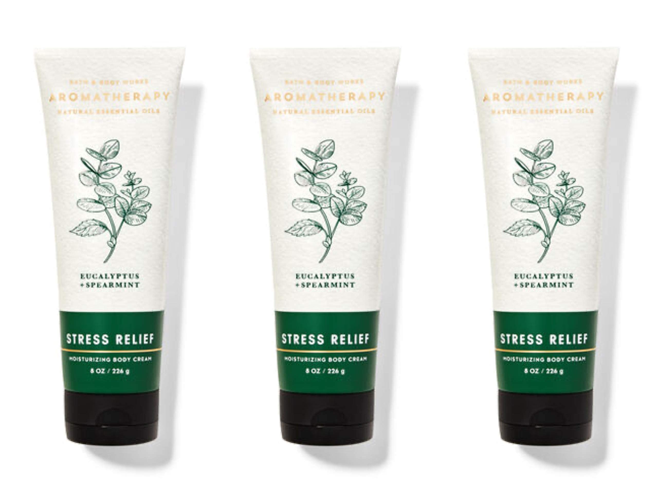 Bath & Body Works Aromatherapy Stress Relief body cream tube showing eucalyptus spearmint for relaxation and hydration.