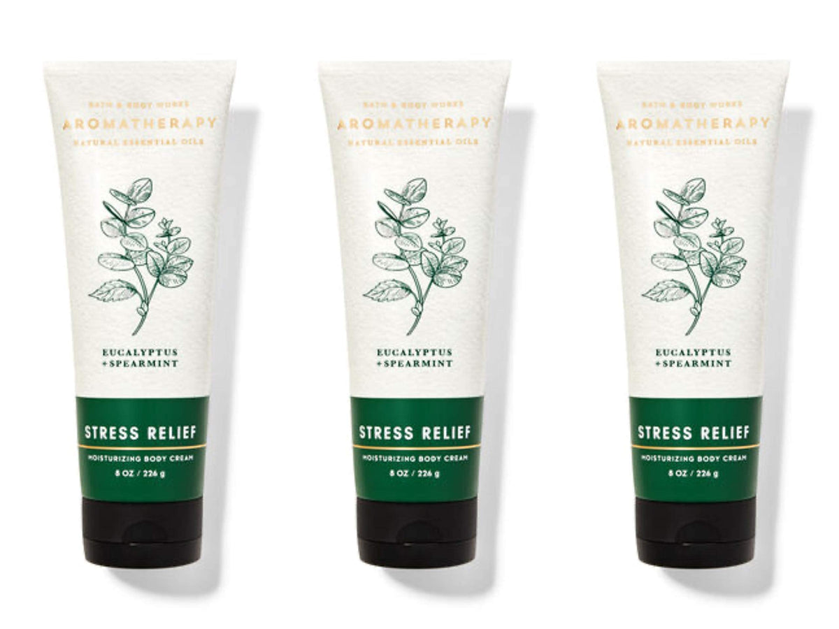 Bath & Body Works Aromatherapy Stress Relief body cream tube showing eucalyptus spearmint for relaxation and hydration.