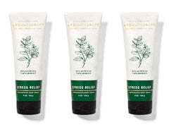 Bath & Body Works Aromatherapy Stress Relief body cream tube showing eucalyptus spearmint for relaxation and hydration.