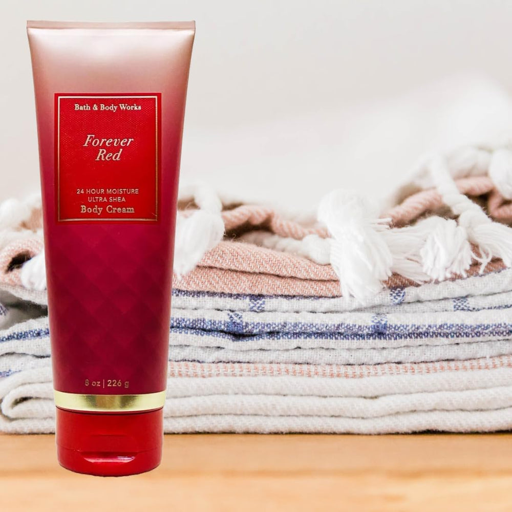 Bath & Body Works Forever Red Ultra Shea Cream pump-dispense shows convenient, mess-free application