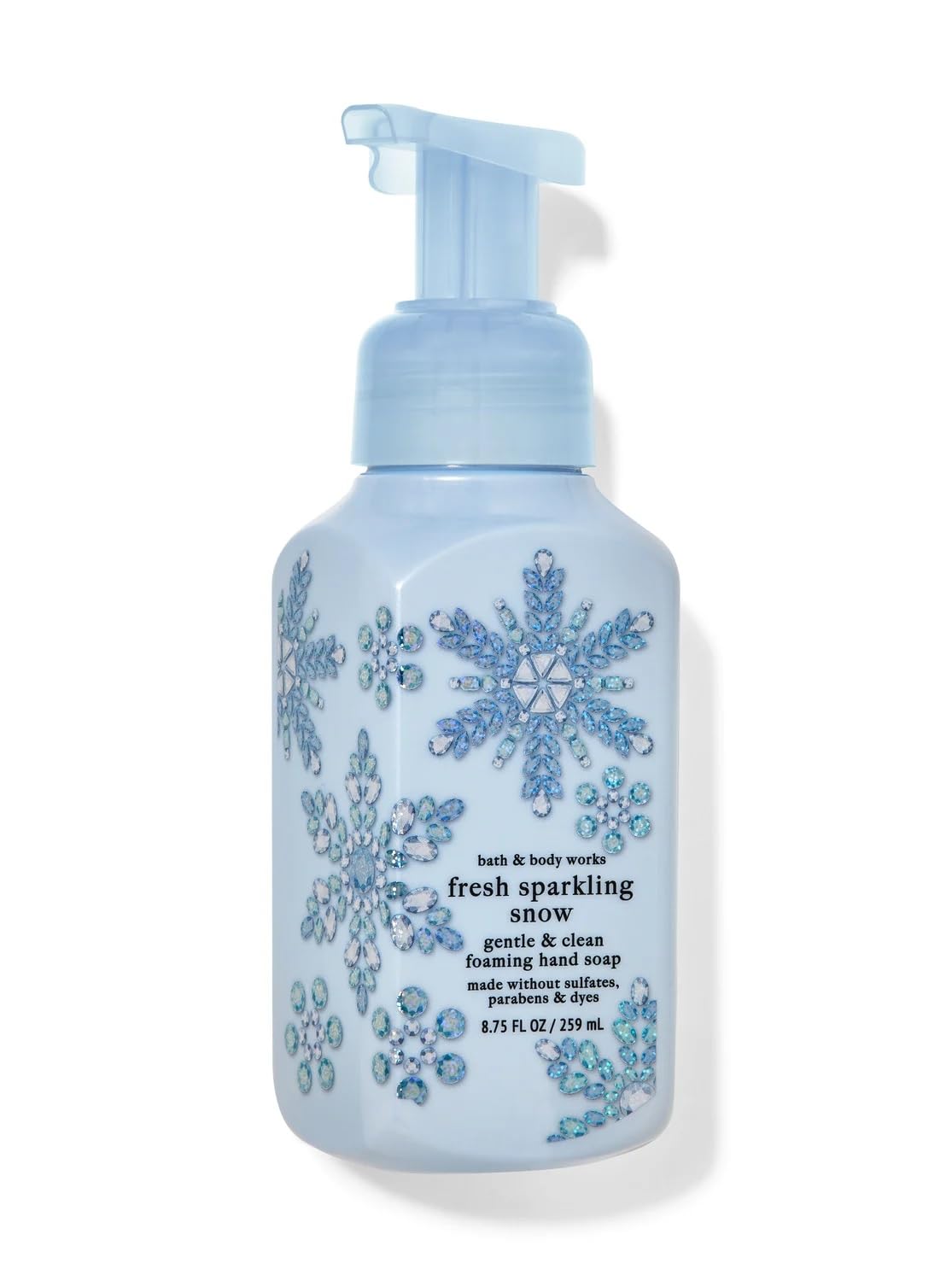 Bath & Body Works Fresh Sparkling Snow foaming hand soap bottle shows gentle cleansing for daily hand care.