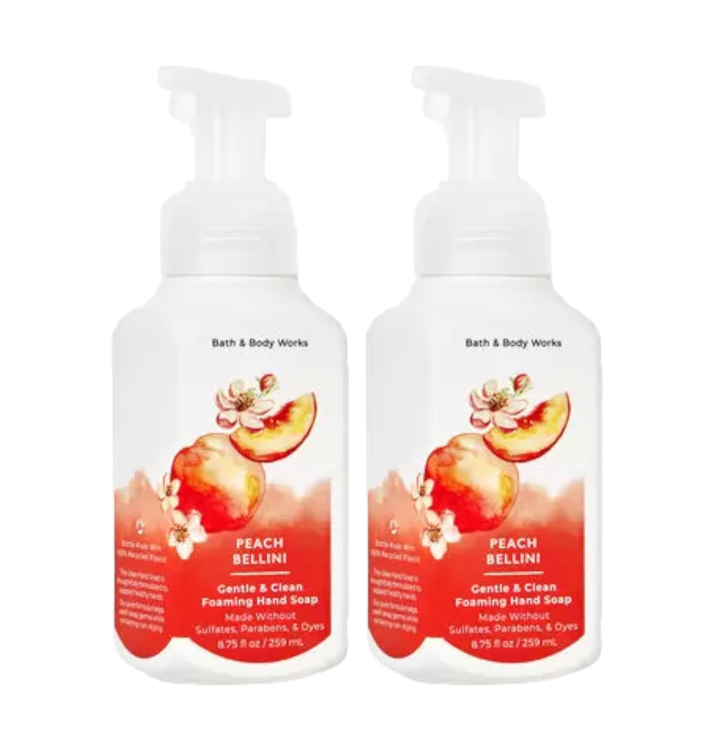 Bath & Body Works Gentle Foaming Hand Soap Peach Bellini bottle offers gentle cleansing with a pleasant scent.