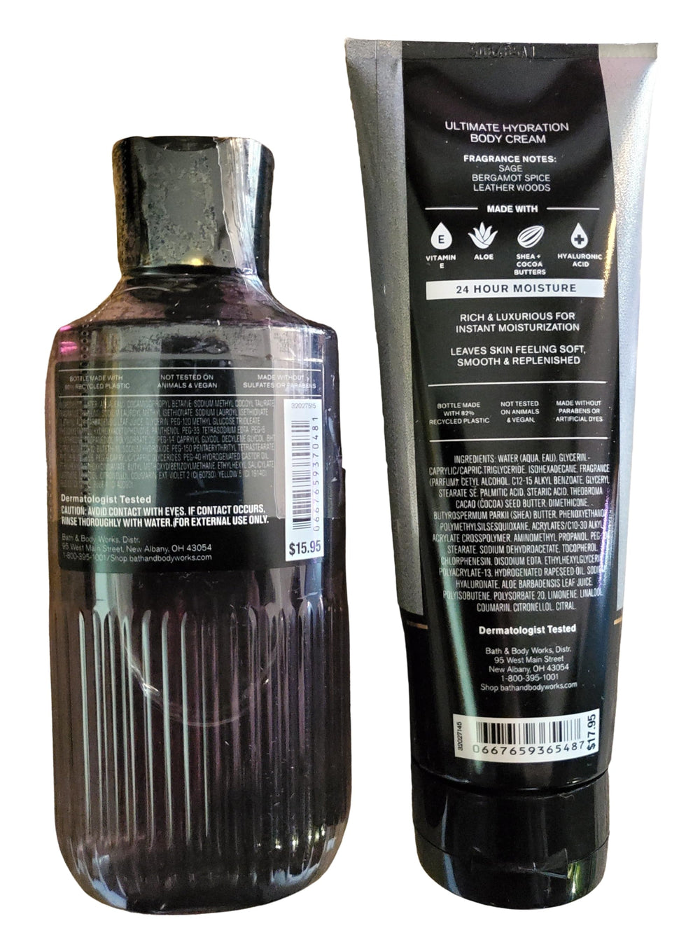Bath & Body Works Graphite body wash bottle back shows Pro-Vitamin B5 and Aloe for hydration
