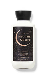 Bath and Body Works Into The Night lotion bottle highlights long-lasting moisture and fast absorption.