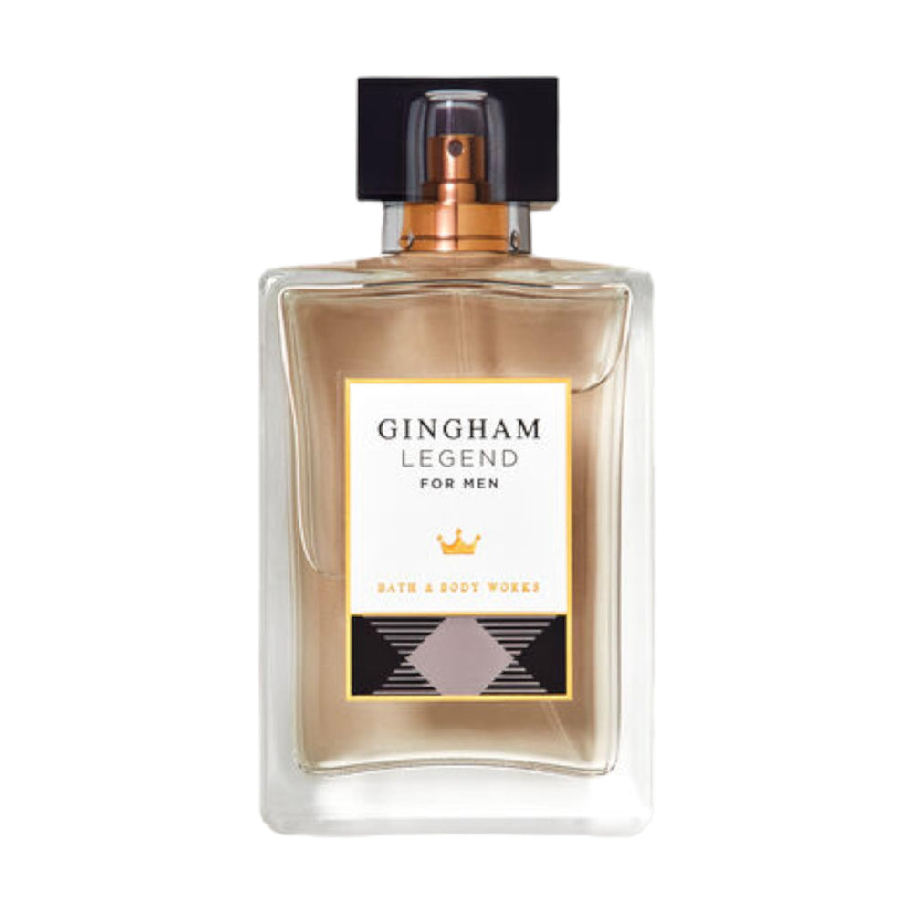 Bath & Body Works Gingham Legend bottle on vanity offers a long-lasting fragrance.
