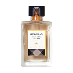 Bath & Body Works Gingham Legend bottle on vanity offers a long-lasting fragrance.