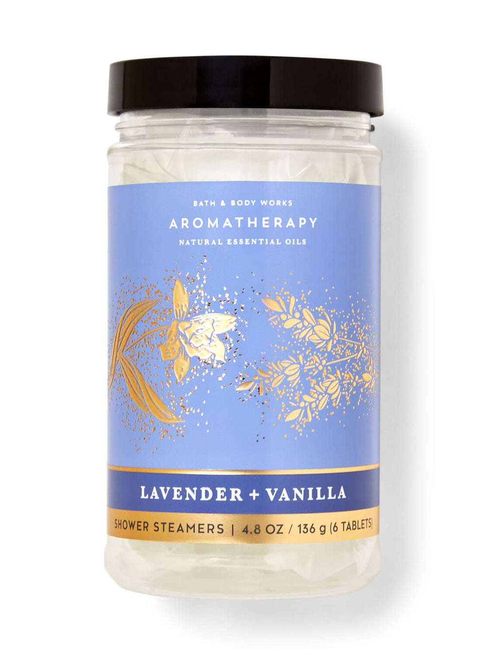 Bath & Body Works shower steamers bottle front with lavender-vanilla scent for spa-like aromatherapy experience.