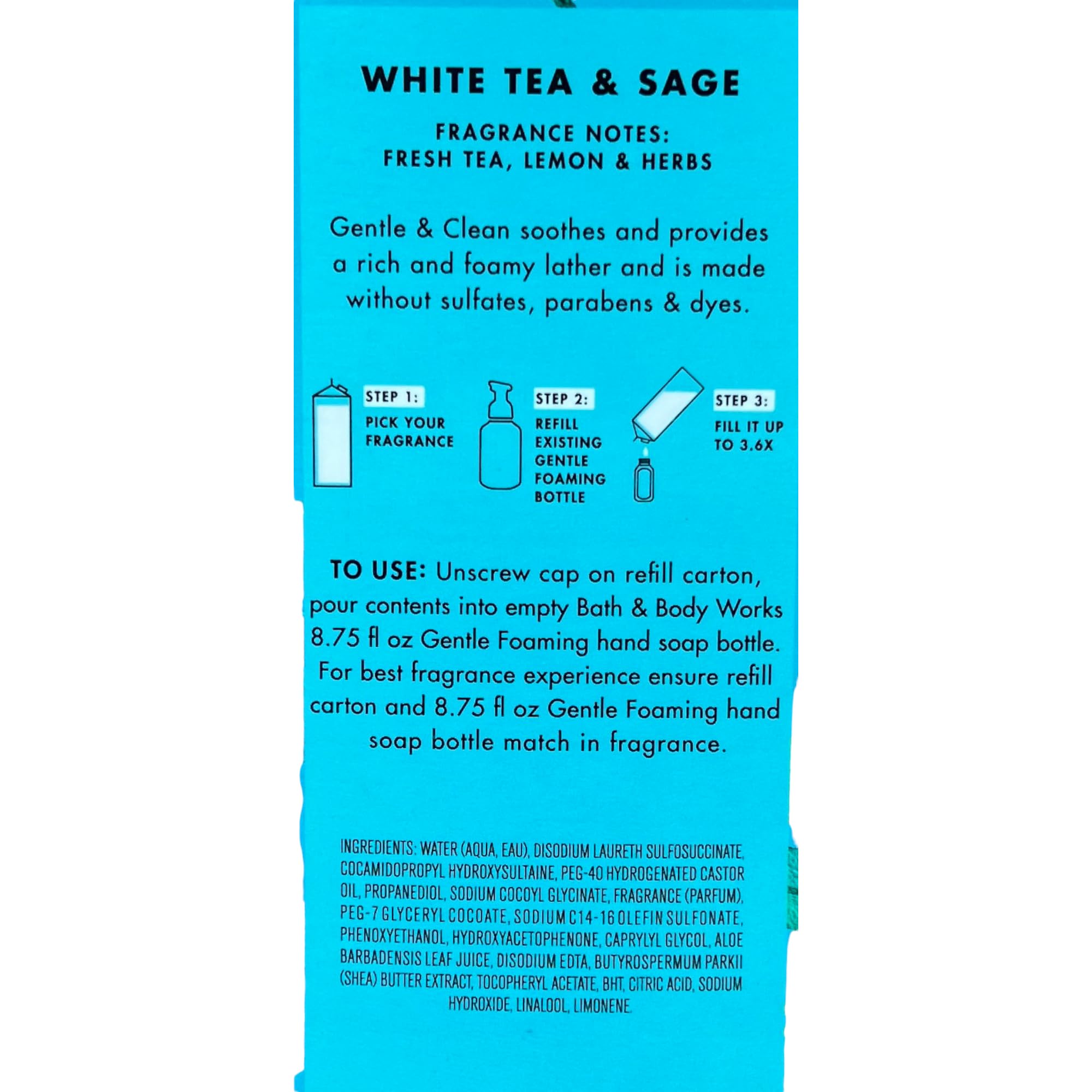 Bath & Body Works White Tea & Sage refill bottle back view shows soothing aloe benefits