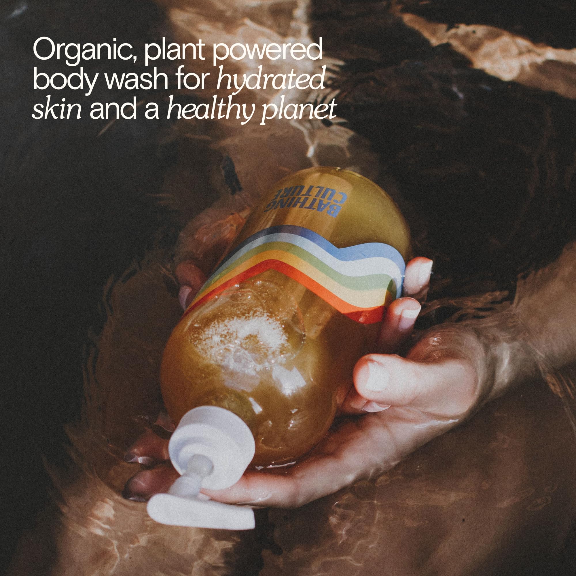 Bathing Culture organic ingredients image highlights aloe, shea, olive oil for nourishing skin.