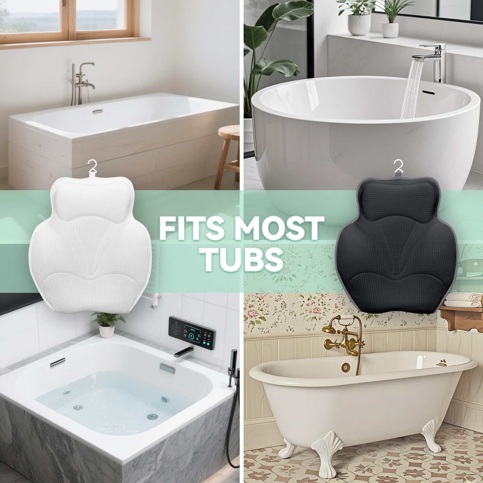 Bathland bath pillow easy-clean design with hanging hook for storage.
