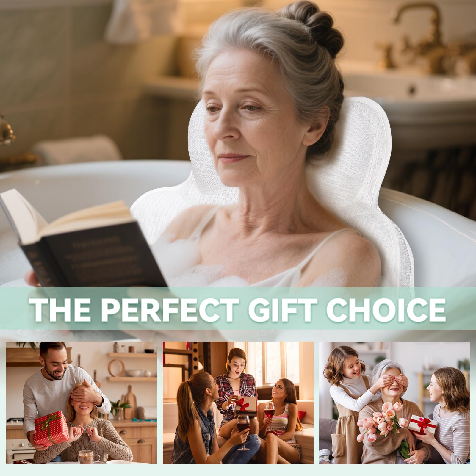 Bathland pillow in use during spa-like home soak for neck and back comfort.