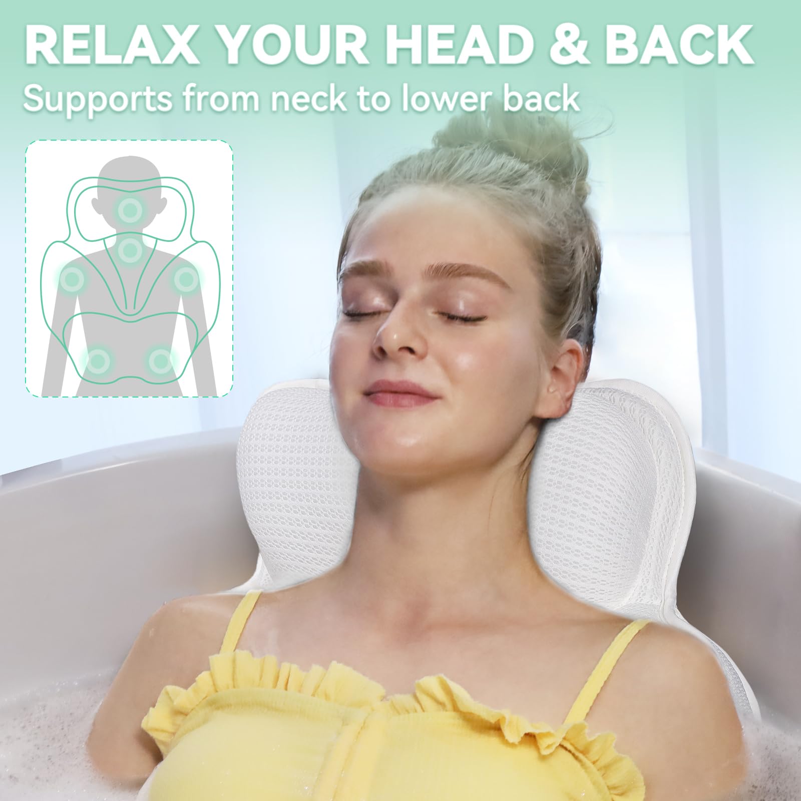 Bathland Bath Pillow shoulder-back support in use for extended baths.