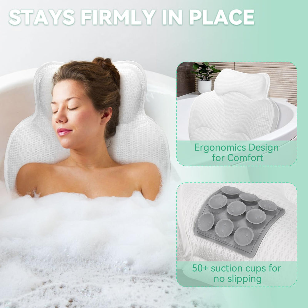 Bathland pillow with micro suction cups securing stable grip on tub surface.