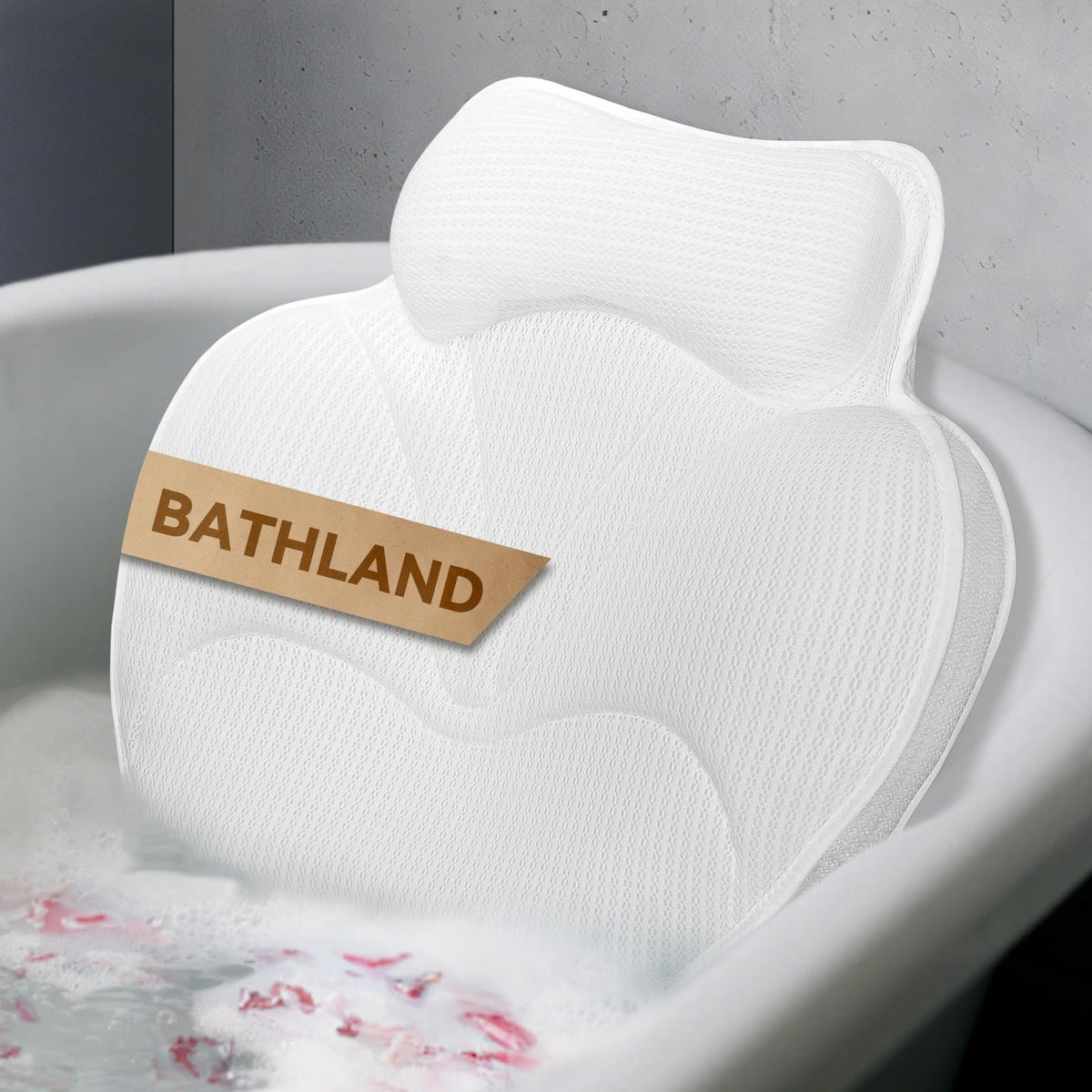 Bathland Bath Pillow top view highlights wide ergonomic support for shoulders and neck comfort.