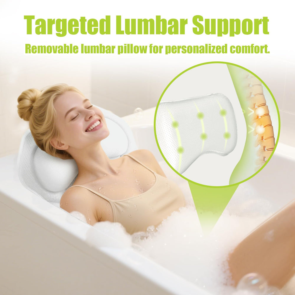 Bathland full-body bath pillow side view demonstrates neck and shoulder relief during soaking