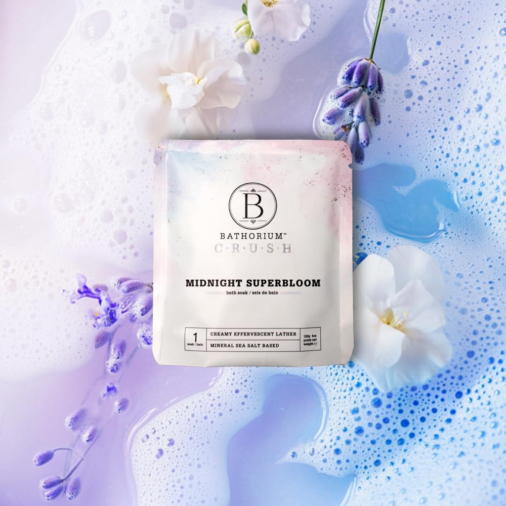 Bathorium Crush bath soaks array of 4 oz bags for easy, mess-free soaks.